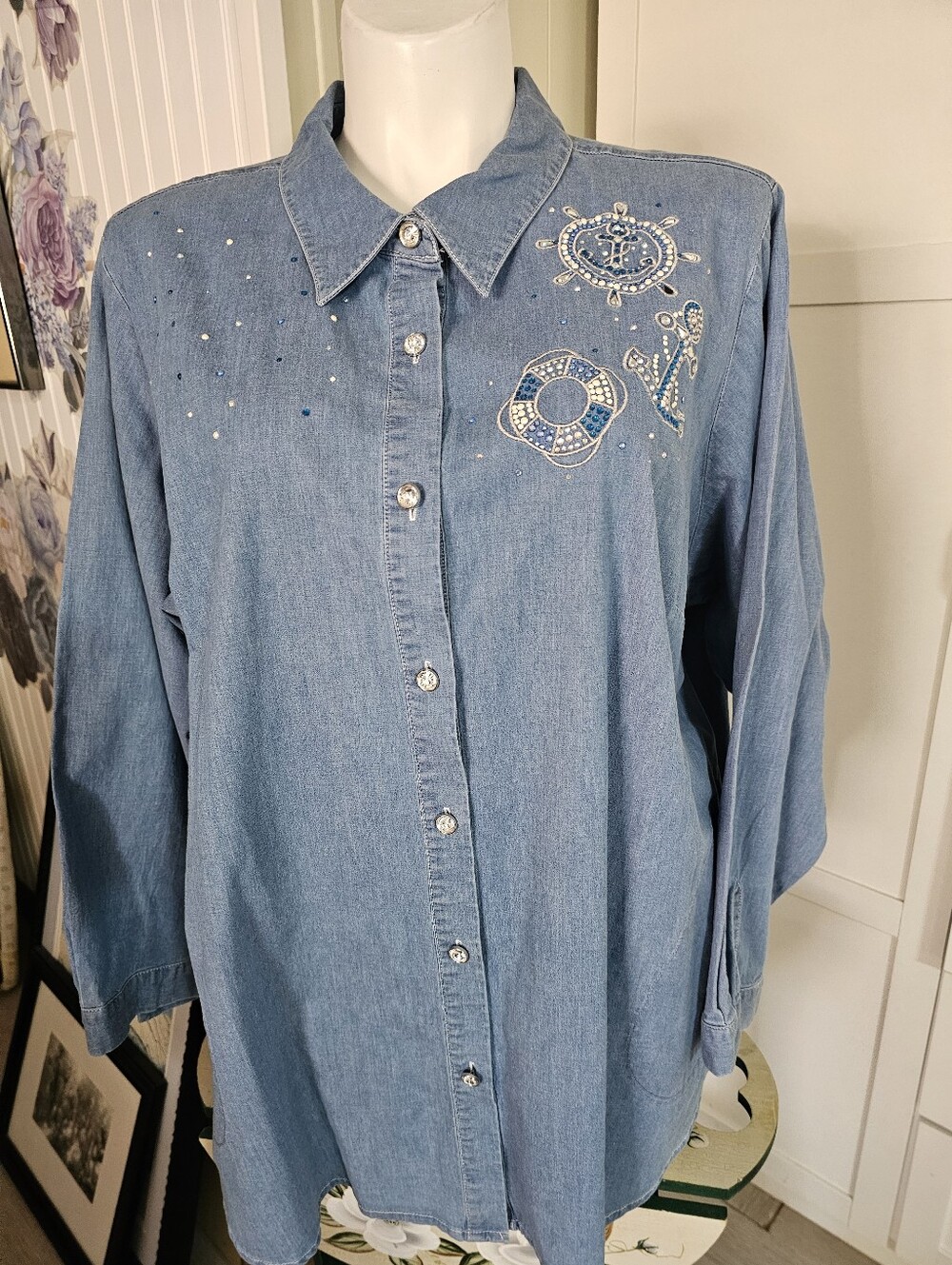 Quacker Factory 3X Denim Shirt NWOT Rhinestone Nautical Anchor Life Preserver